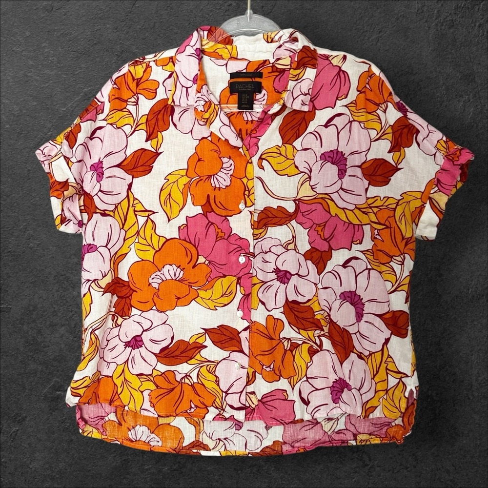 Rachel Roy‎ Women's Shirt Top 100% Linen Floral Button Up Boxy Size Medium Pink